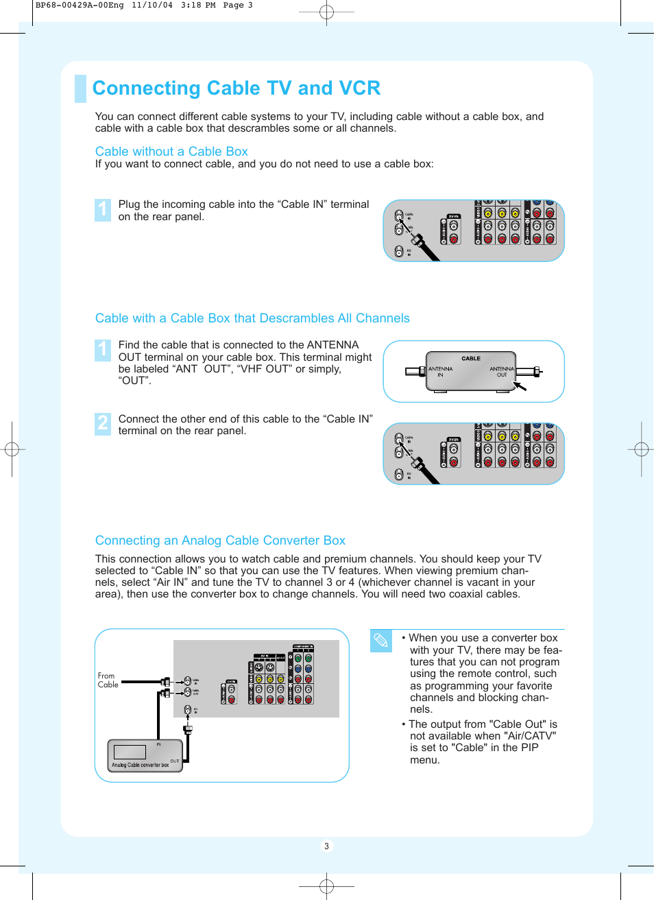 Connecting cable tv and vcr | Samsung HL-P5067W User Manual | Page 3 / 16