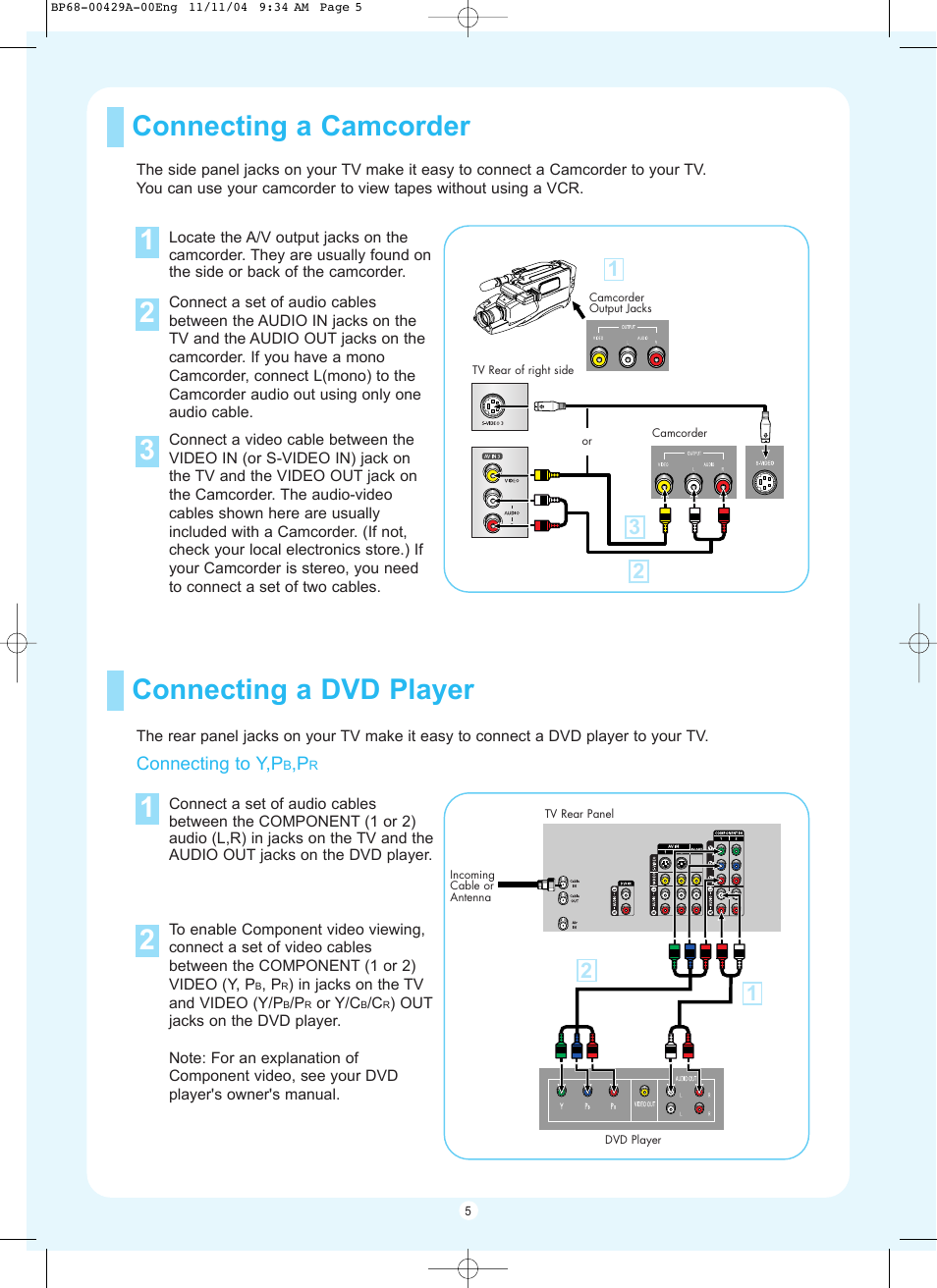 Connecting a dvd player connecting a camcorder 1 2 | Samsung HL-P5067W User Manual | Page 5 / 16