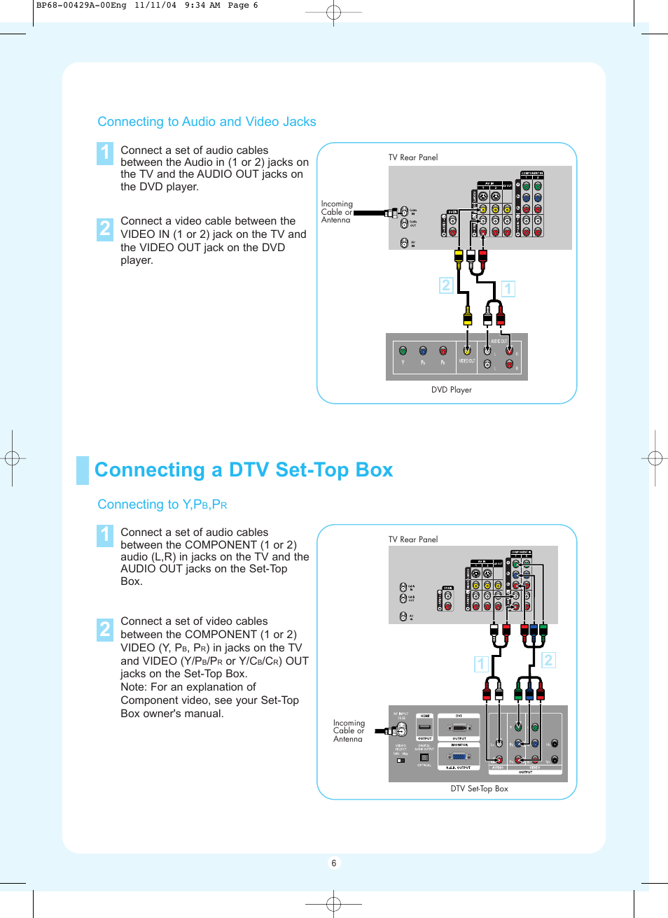 Connecting a dtv set-top box 1 2 | Samsung HL-P5067W User Manual | Page 6 / 16