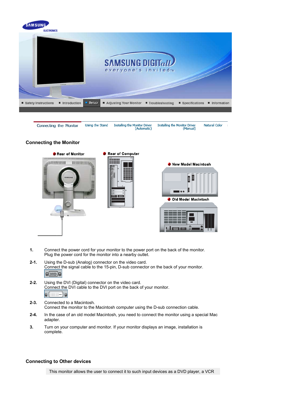 Setup, Connecting the monitor, Connecting to other devices | Samsung 204Ts User Manual | Page 14 / 76