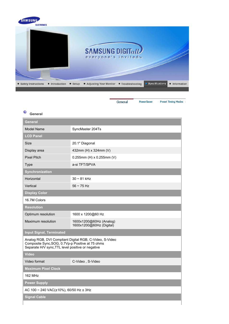 Specifications, General | Samsung 204Ts User Manual | Page 66 / 76