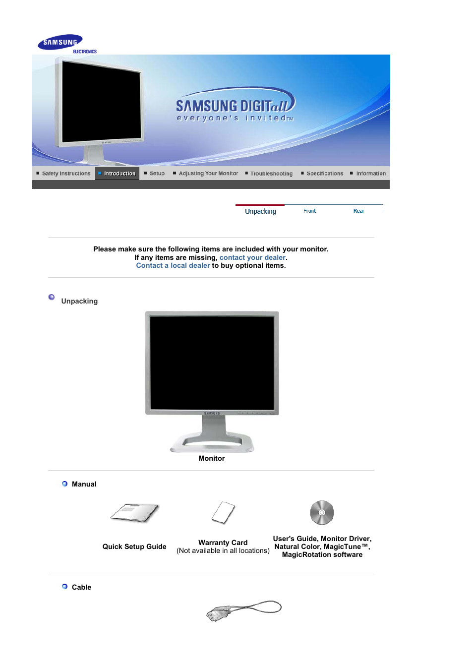 Introduction, Unpacking | Samsung 204Ts User Manual | Page 9 / 76