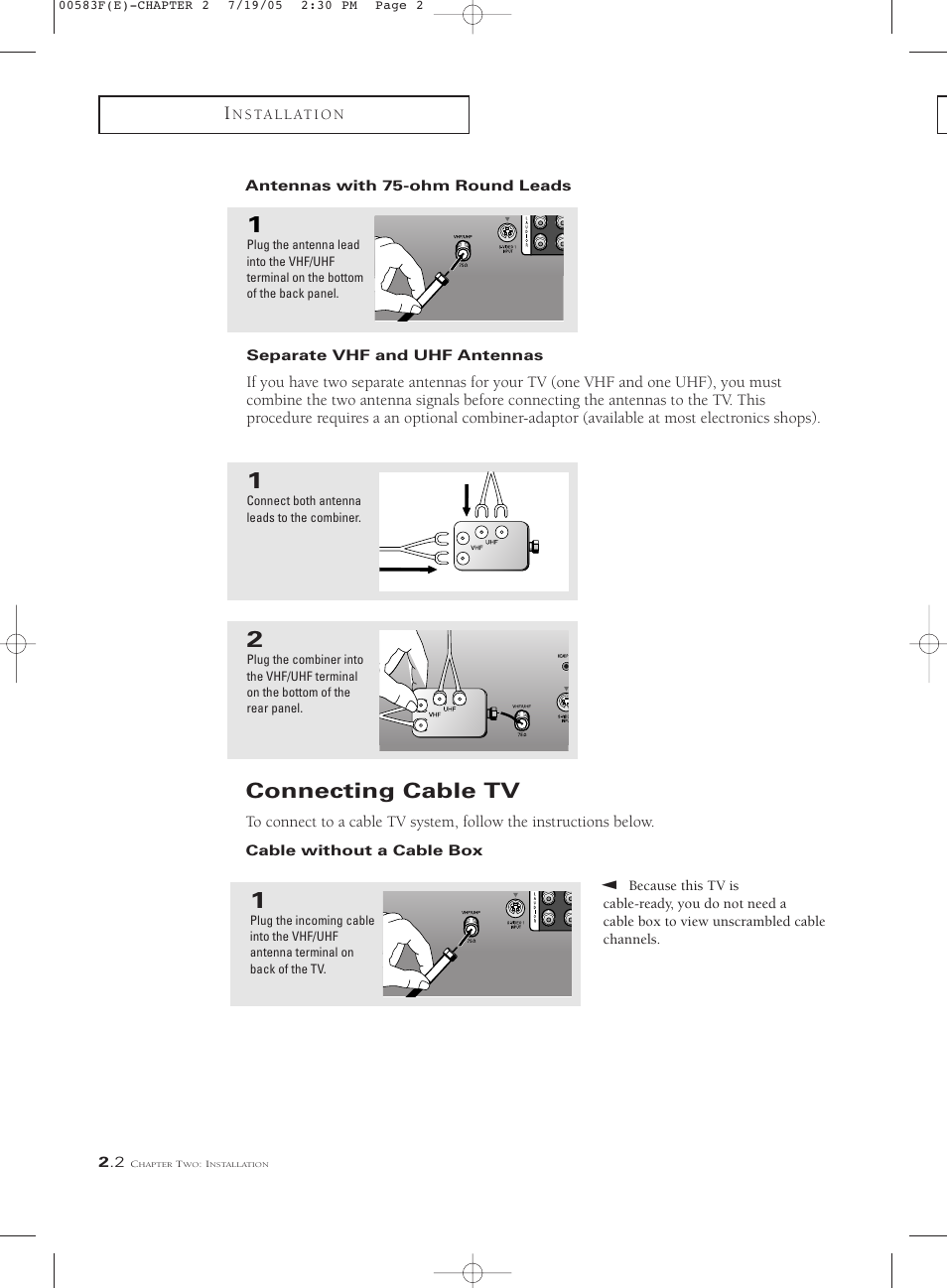 Antennas with 75-ohm round leads, Separate vhf and uhf antennas, Connecting cable tv | Cable without a cable box | Samsung Tantus PCK 6115R User Manual | Page 16 / 58
