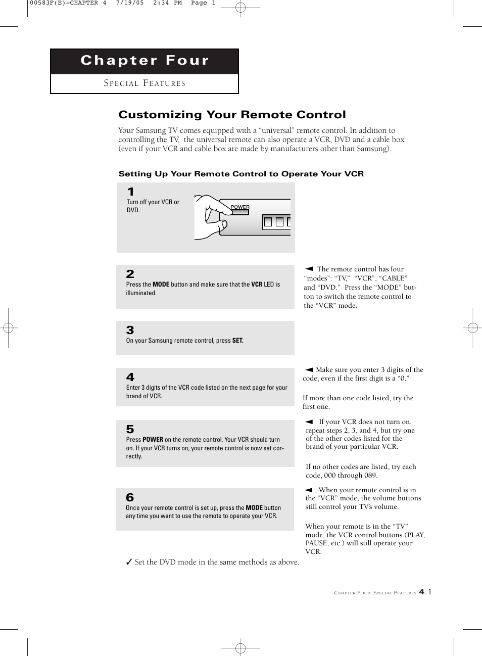 Chapter four : special features, Customizing your remote control, Setting up your remote control to operate your vcr | Samsung Tantus PCK 6115R User Manual | Page 37 / 58