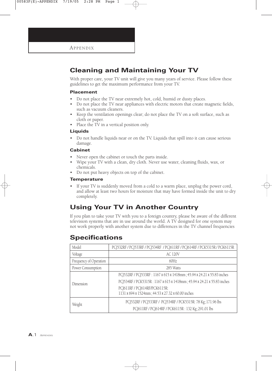 Appendix, Cleaning and maintaining your tv, Using your tv in another country | Specifications | Samsung Tantus PCK 6115R User Manual | Page 58 / 58