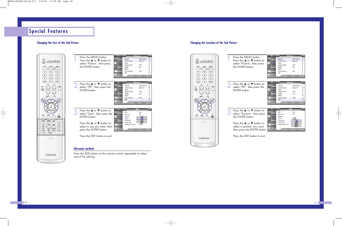 Special features, Changing the location of the sub picture, Changing the size of the sub picture | Alternate method | Samsung HL-P6163W User Manual | Page 31 / 46