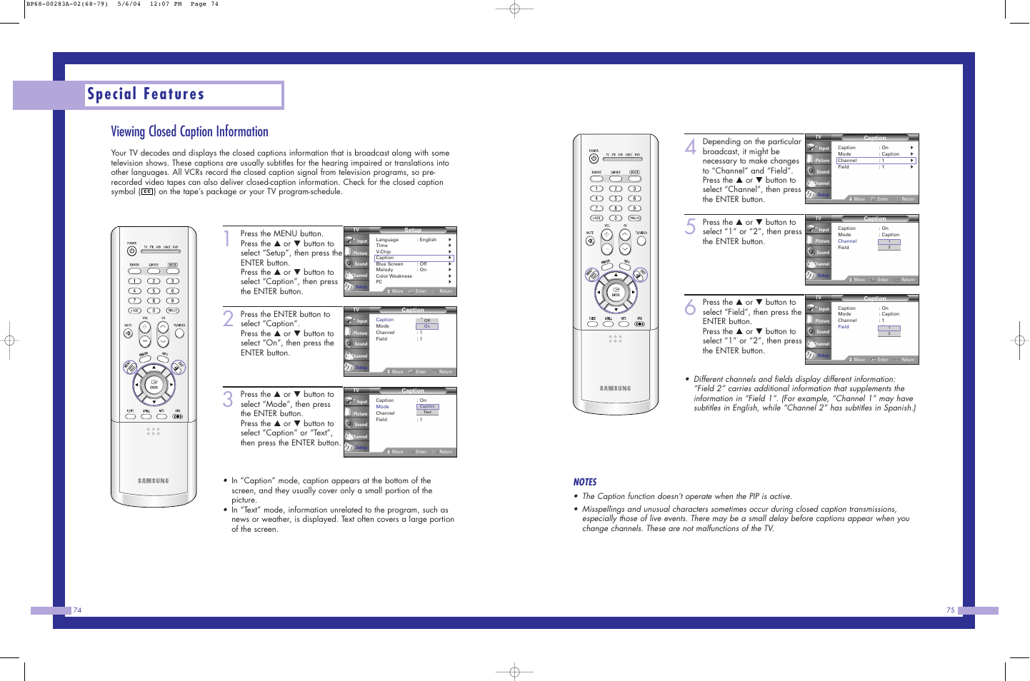 Special features, Viewing closed caption information | Samsung HL-P6163W User Manual | Page 38 / 46