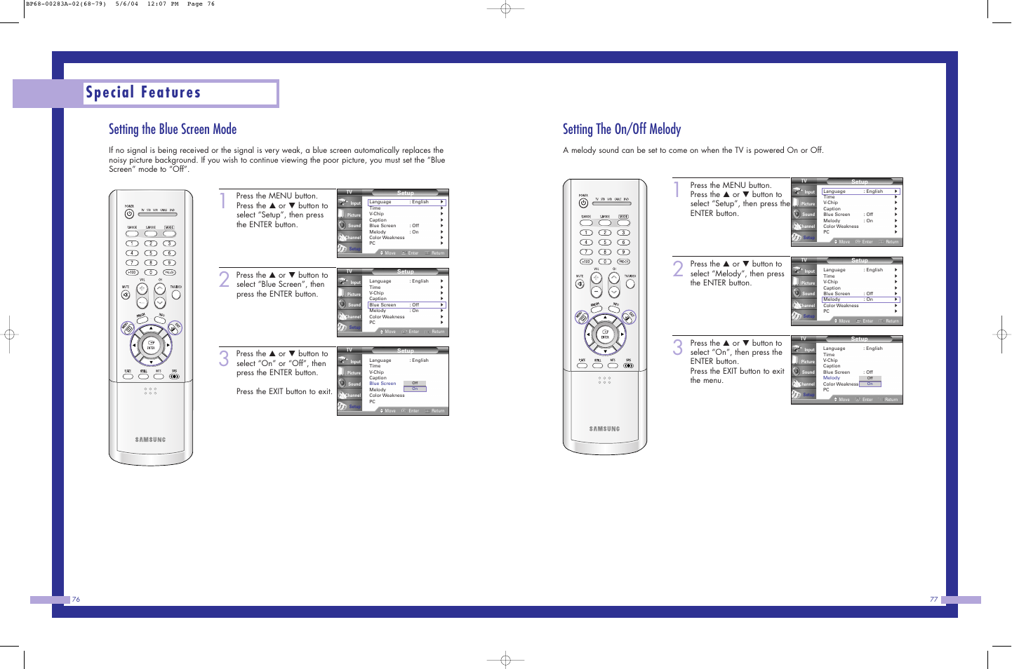 Special features, Setting the blue screen mode, Setting the on/off melody | Samsung HL-P6163W User Manual | Page 39 / 46