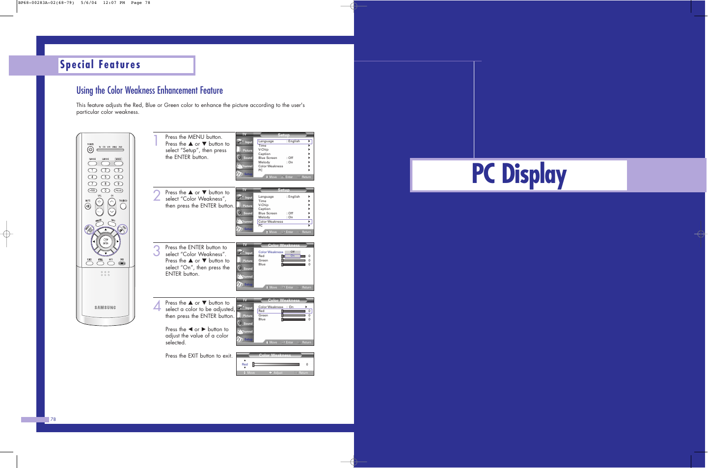 Pc display, Special features, Using the color weakness enhancement feature | Samsung HL-P6163W User Manual | Page 40 / 46