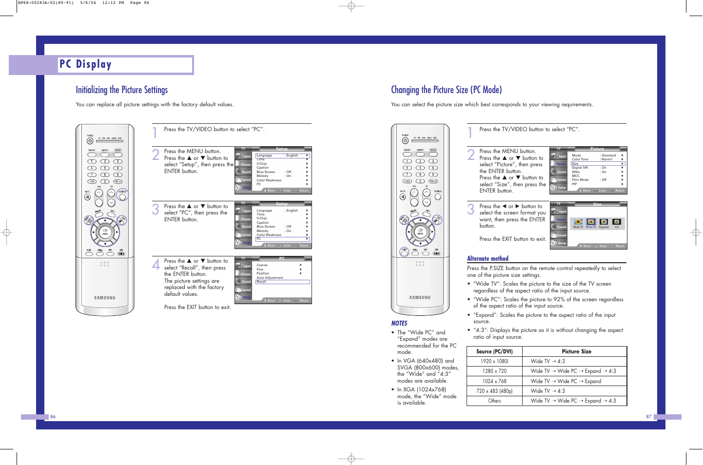 Pc display, Initializing the picture settings, Changing the picture size (pc mode) | Alternate method | Samsung HL-P6163W User Manual | Page 44 / 46