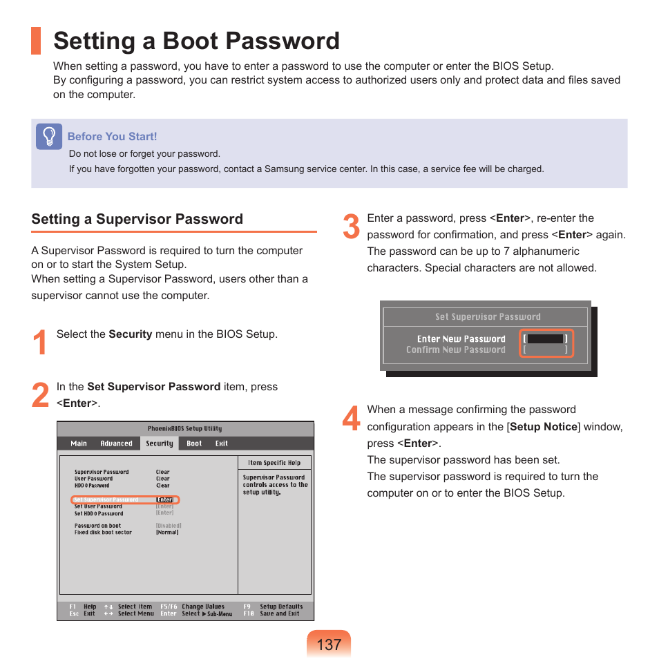 Setting a boot password | Samsung M60 User Manual | Page 138 / 201
