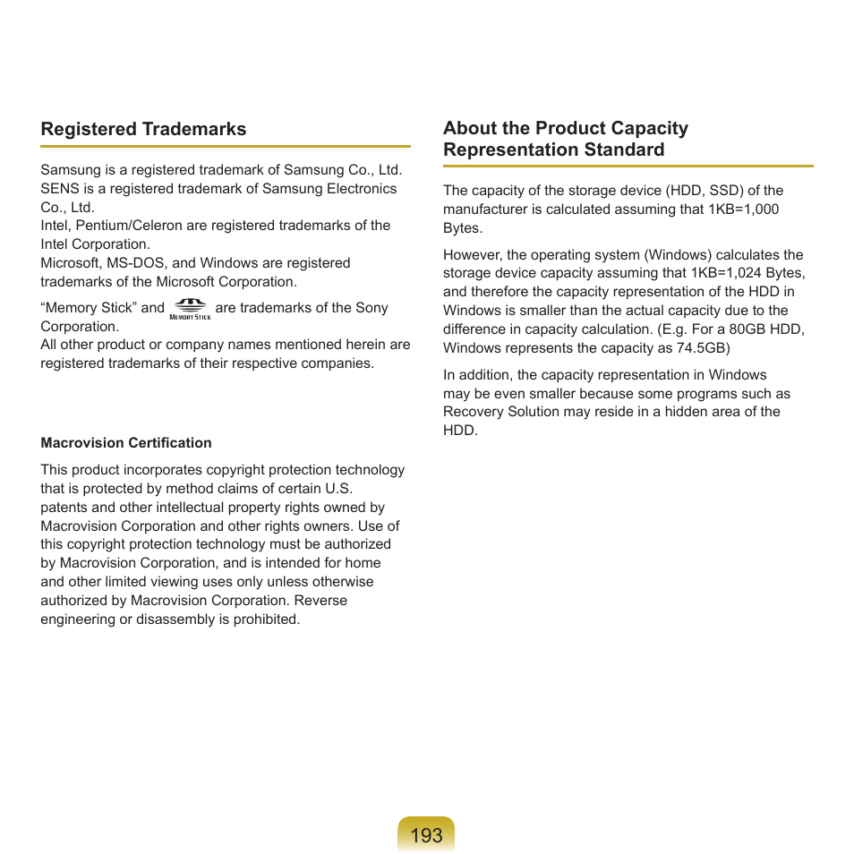 Registered trademarks, About the product capacity representation standard | Samsung M60 User Manual | Page 194 / 201