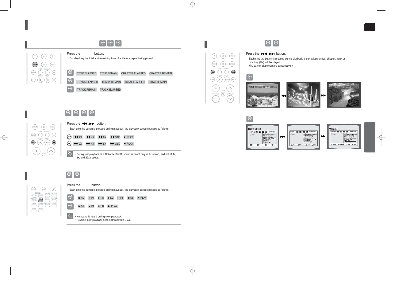 Using the playback function, Con’t), Checking the remaining time | Fast playback, Slow playback, Skipping scenes/songs, Eng opera tion | Samsung HT-X20 EN User Manual | Page 15 / 32