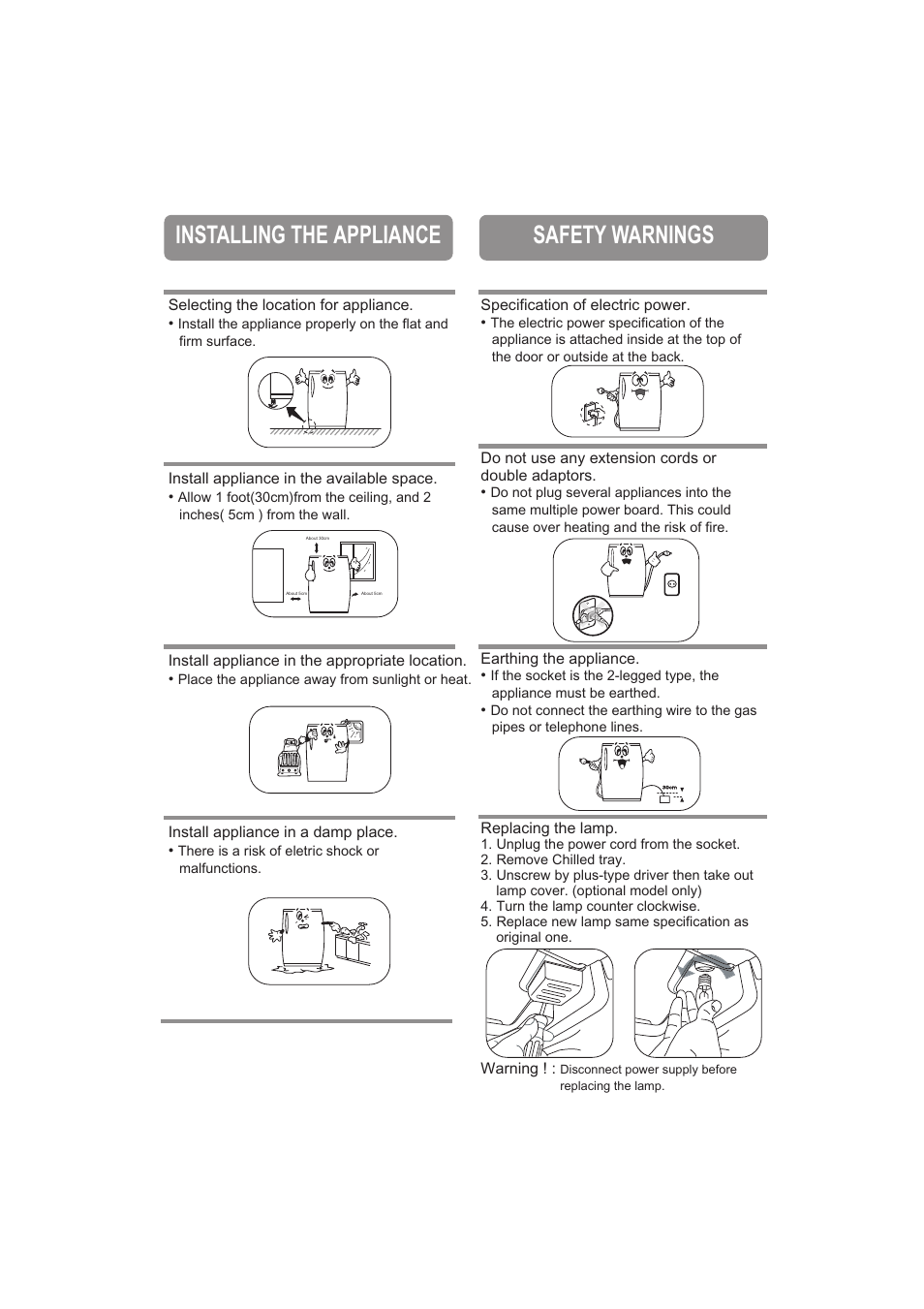 Installing the appliance, Safety warnings, Installing the appliance safety warnings | Samsung RA18FH User Manual | Page 3 / 8