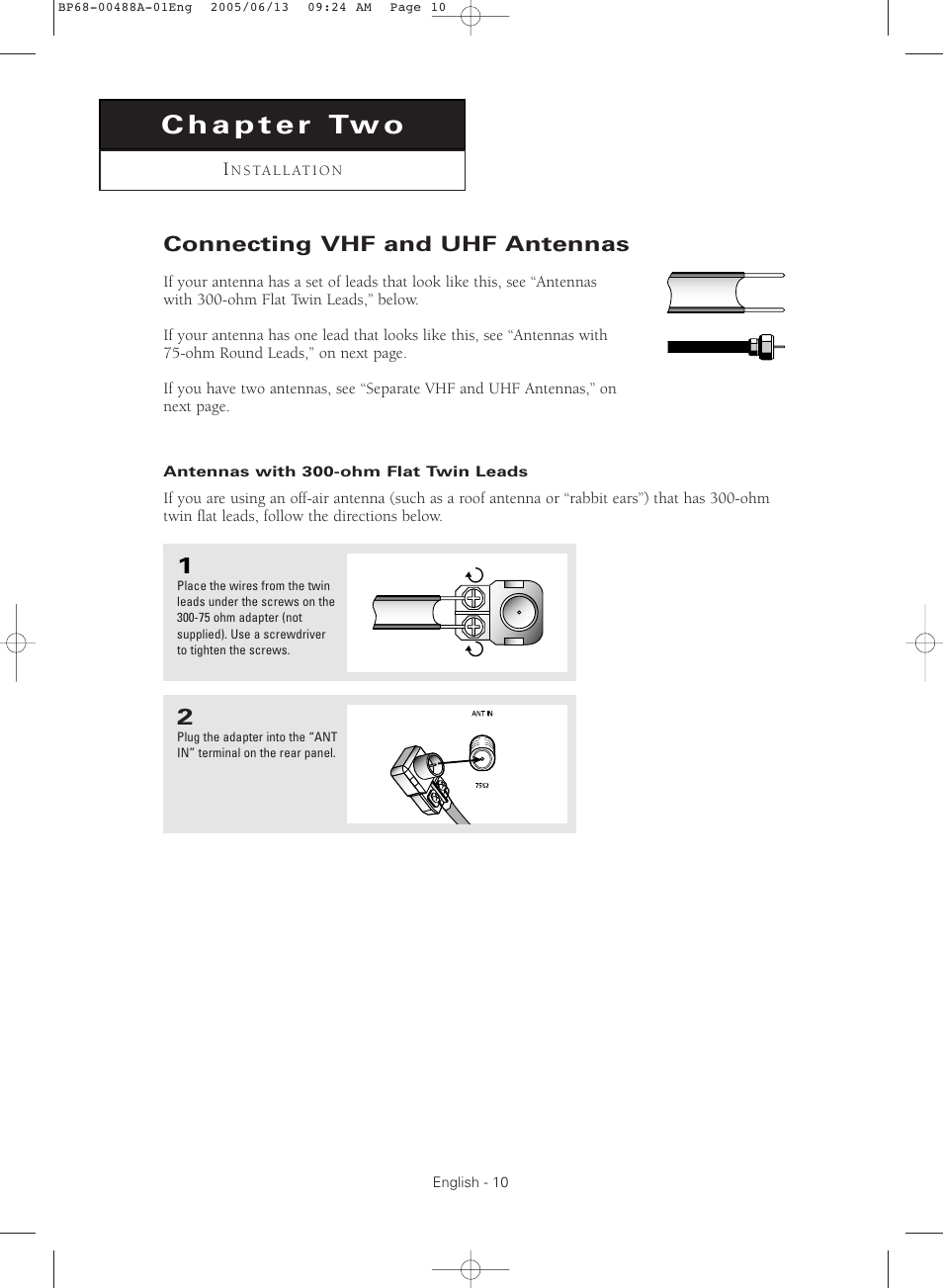 Chapter two : installation, Connecting vhf and uhf antennas, Antennas with 300-ohm flat twin leads | Samsung HC-P5241W User Manual | Page 10 / 64