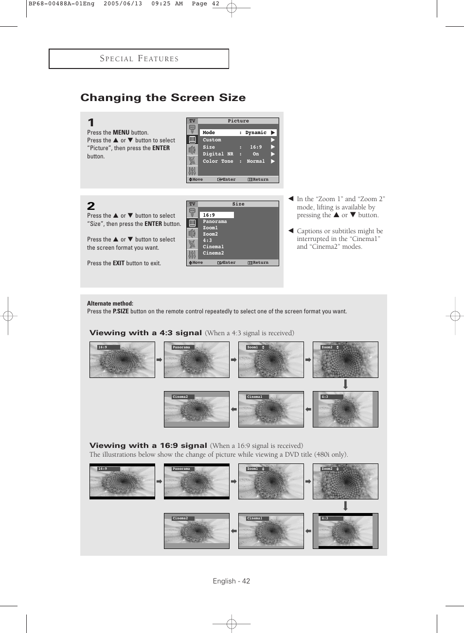 Changing the screen size | Samsung HC-P5241W User Manual | Page 42 / 64