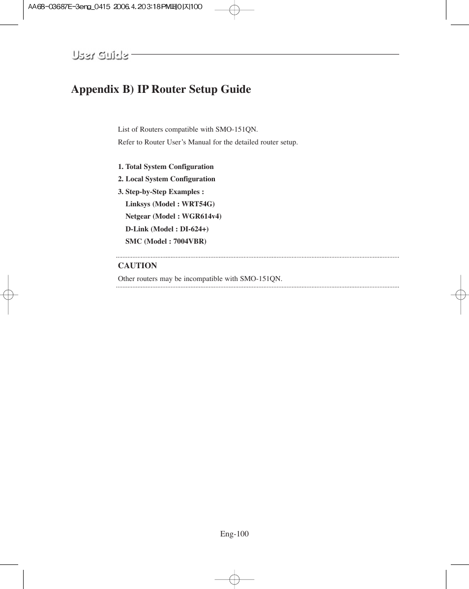 Appendix b) ip router setup guide | Samsung SMO-XAAV User Manual | Page 100 / 105
