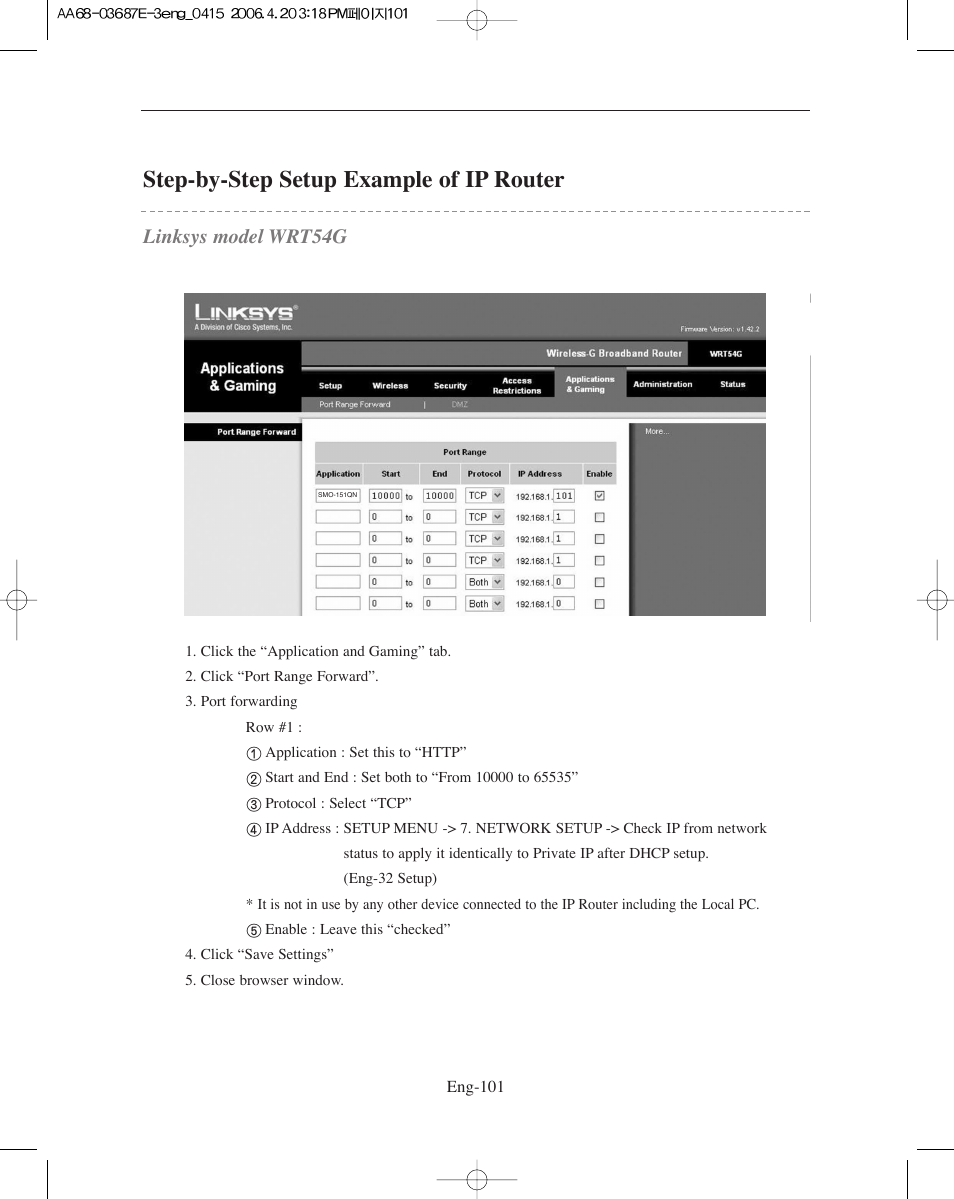 Step-by-step setup example of ip router, Linksys model wrt54g | Samsung SMO-XAAV User Manual | Page 101 / 105
