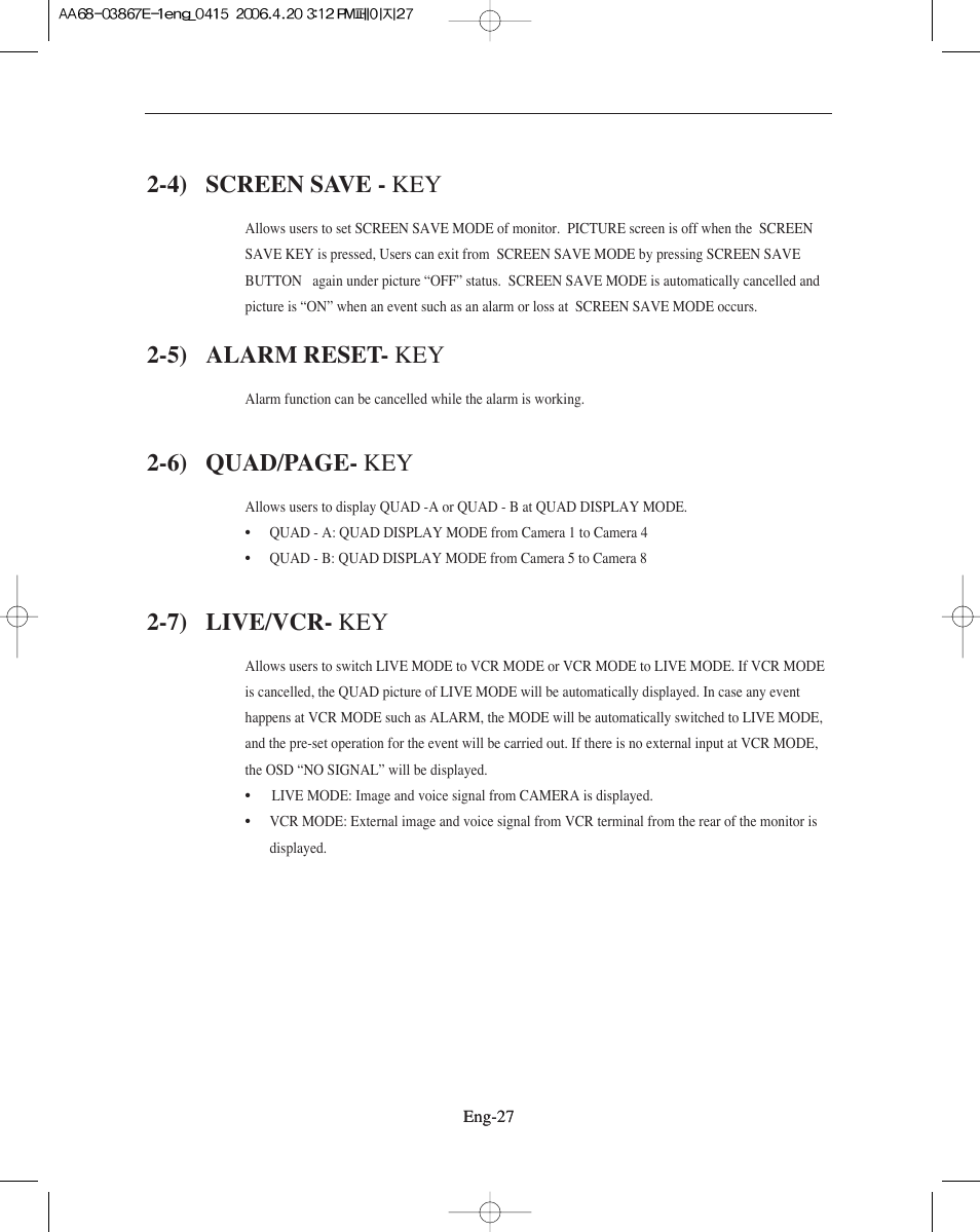 4) screen save - key, 5) alarm reset- key, 7) live/vcr- key | 6) quad/page- key | Samsung SMO-XAAV User Manual | Page 27 / 105
