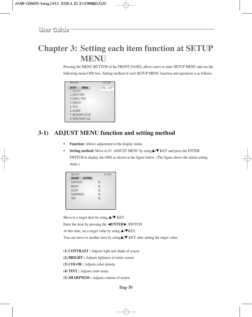 1) adjust menu function and setting method | Samsung SMO-XAAV User Manual | Page 30 / 105