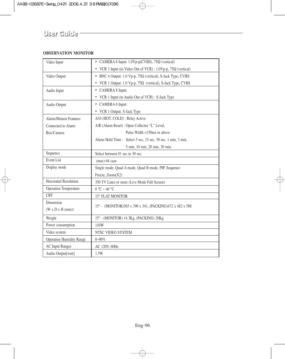 Observation monitor | Samsung SMO-XAAV User Manual | Page 96 / 105