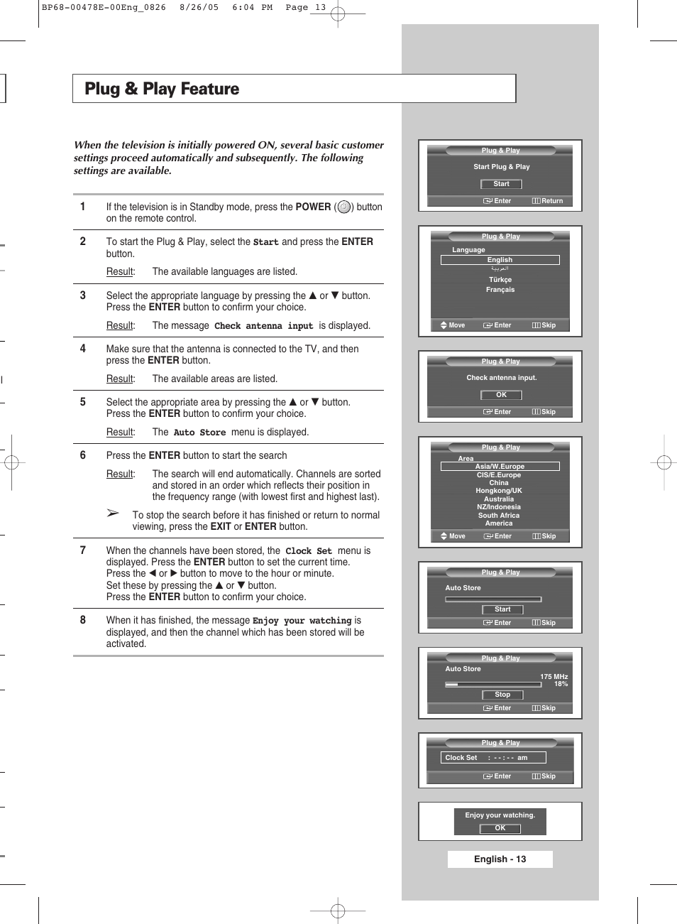 Plug & play feature | Samsung DLP TV SP46L6HX User Manual | Page 13 / 64
