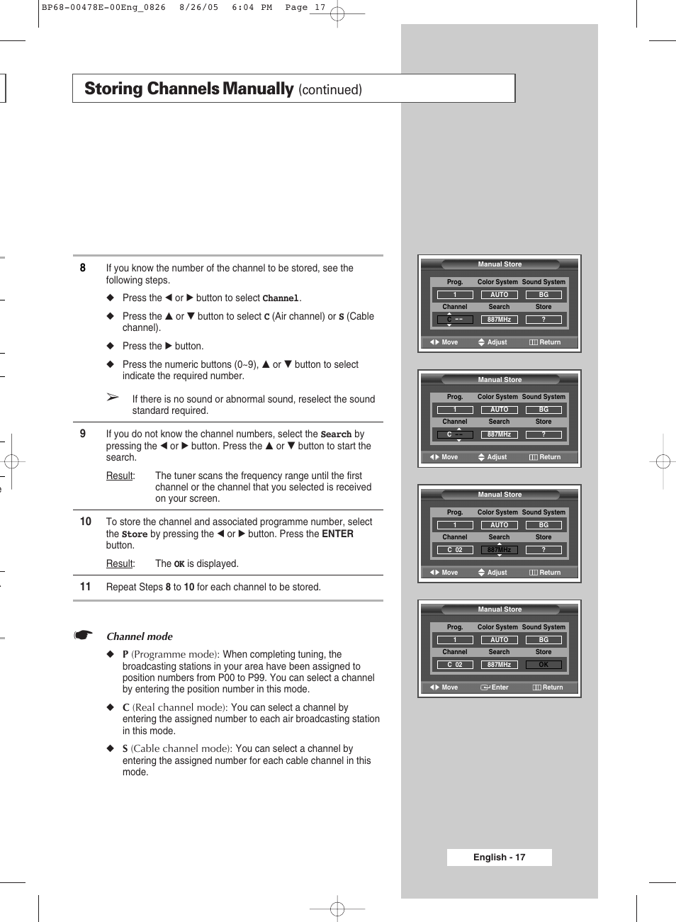 Storing channels manually, Continued) | Samsung DLP TV SP46L6HX User Manual | Page 17 / 64