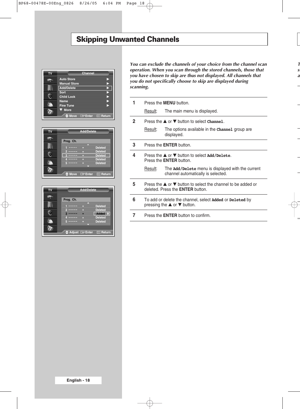 Skipping unwanted channels | Samsung DLP TV SP46L6HX User Manual | Page 18 / 64