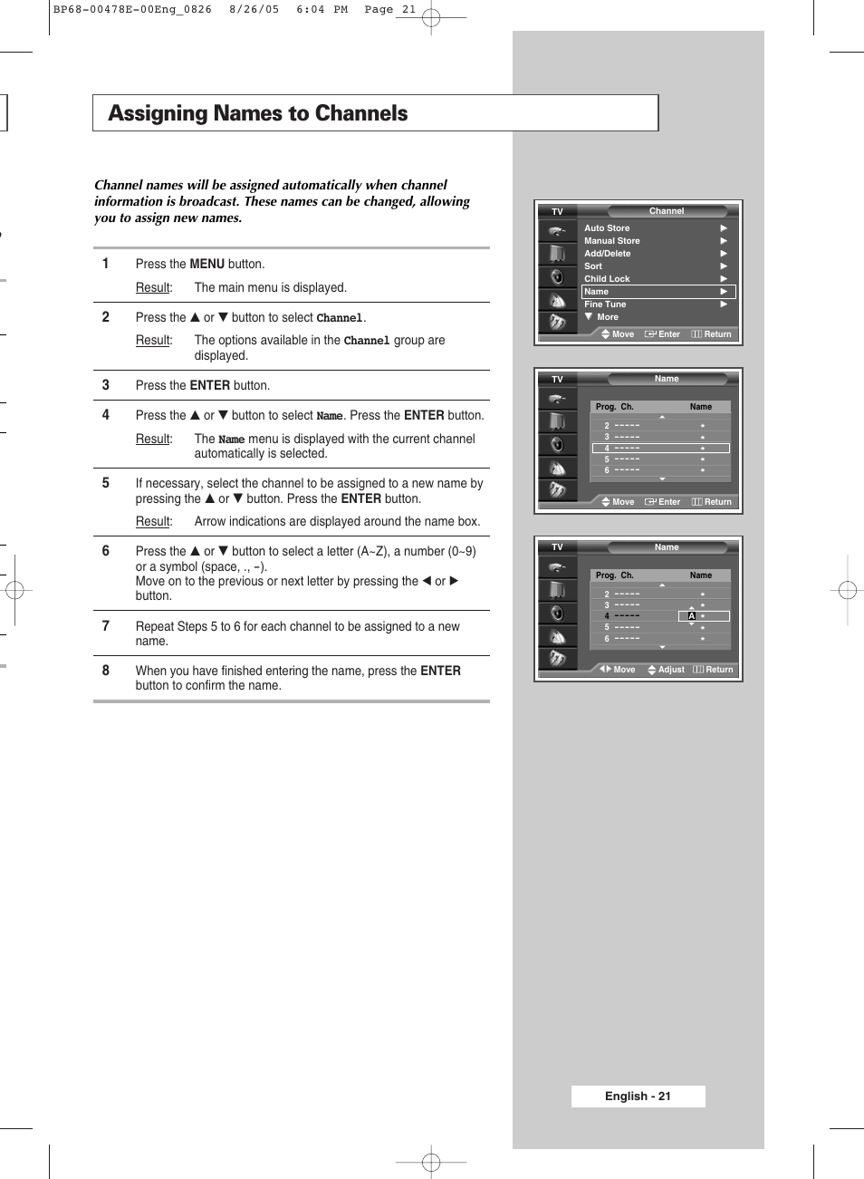 Assigning names to channels | Samsung DLP TV SP46L6HX User Manual | Page 21 / 64