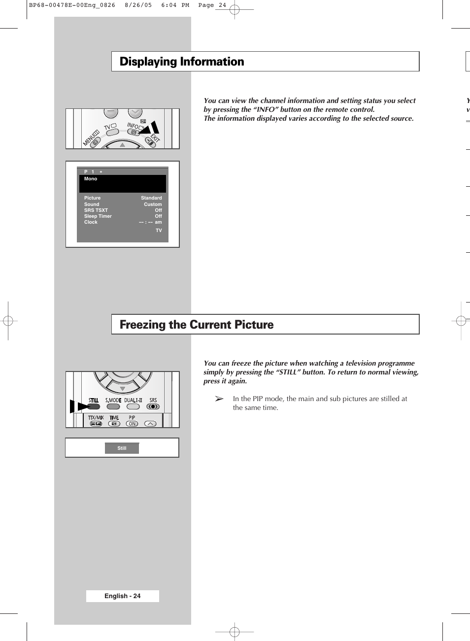 Displaying information, Freezing the current picture | Samsung DLP TV SP46L6HX User Manual | Page 24 / 64