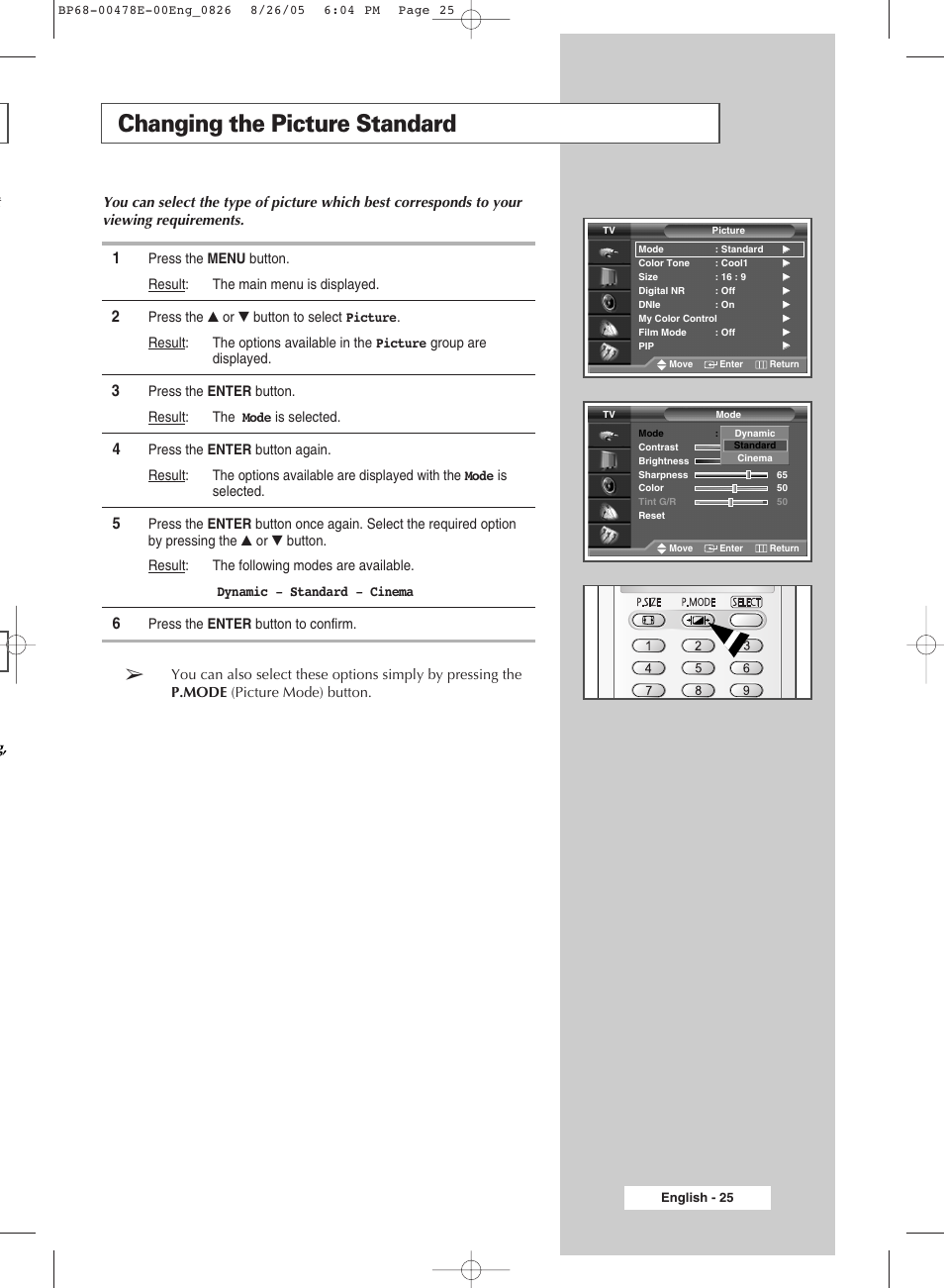 Changing the picture standard | Samsung DLP TV SP46L6HX User Manual | Page 25 / 64