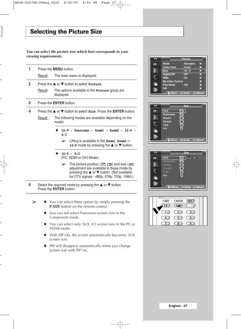 Selecting the picture size | Samsung DLP TV SP46L6HX User Manual | Page 27 / 64