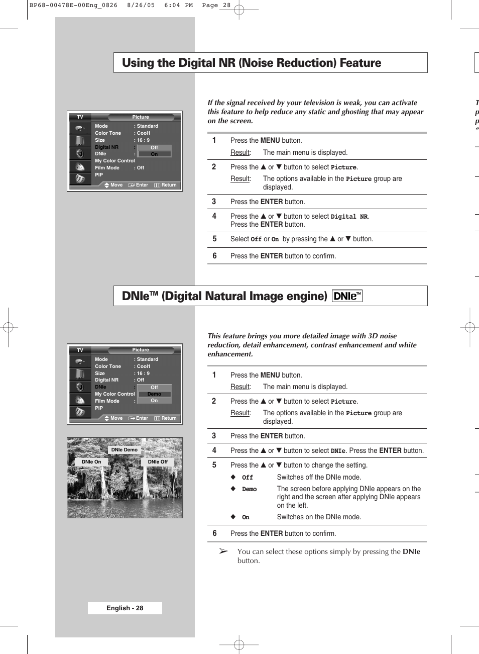 Using the digital nr(noise reduction) feature, Dnietm(digital natural image engine), Dnie | Digital natural image engine), Using the digital nr (noise reduction) feature | Samsung DLP TV SP46L6HX User Manual | Page 28 / 64