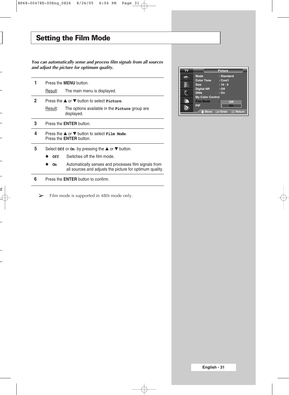 Setting the film mode | Samsung DLP TV SP46L6HX User Manual | Page 31 / 64