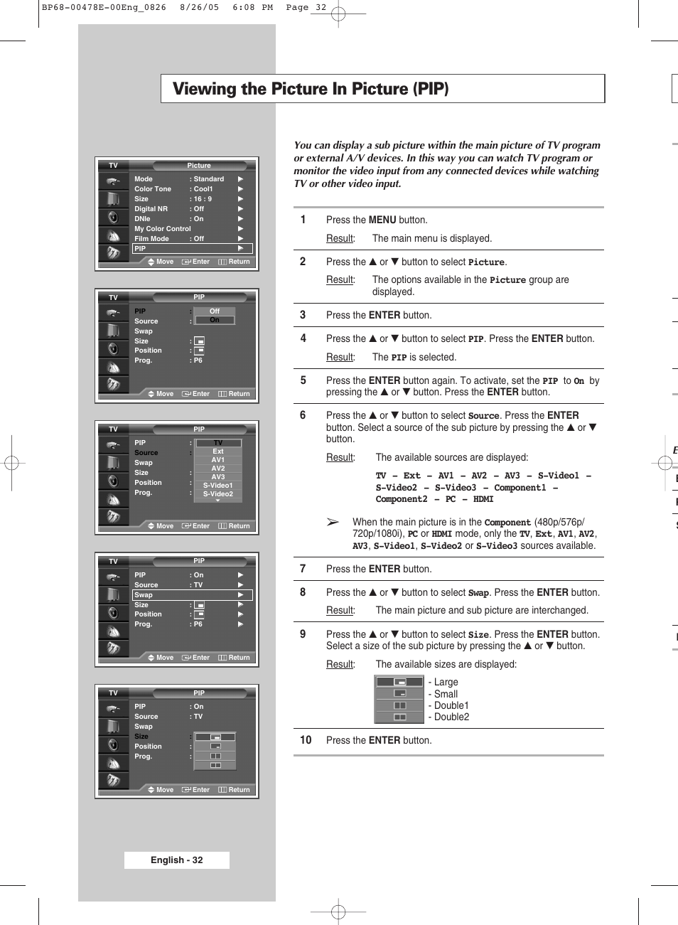 Viewing the picture in picture(pip), Viewing the picture in picture (pip) | Samsung DLP TV SP46L6HX User Manual | Page 32 / 64