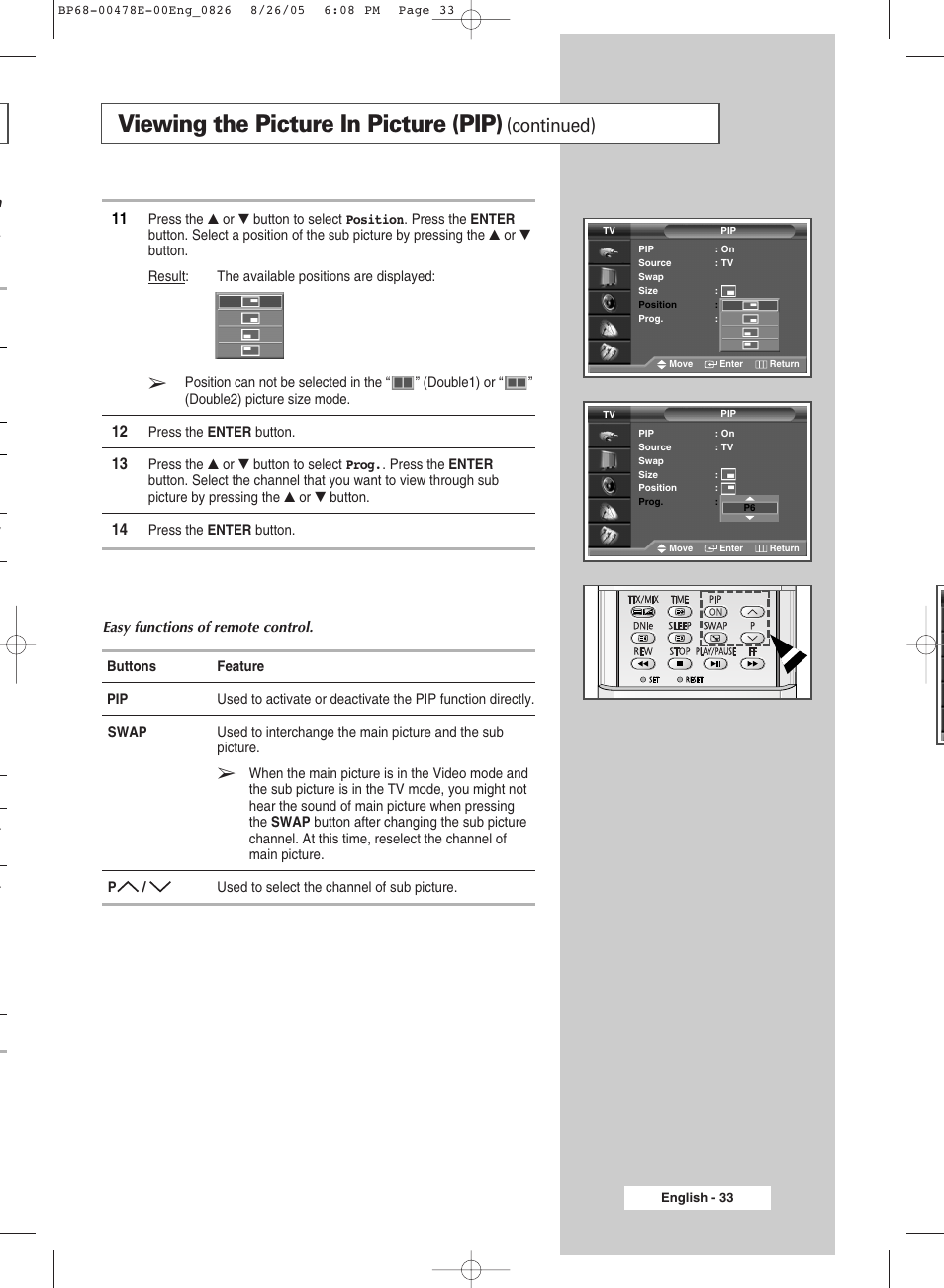 Viewing the picture in picture (pip), Continued) | Samsung DLP TV SP46L6HX User Manual | Page 33 / 64