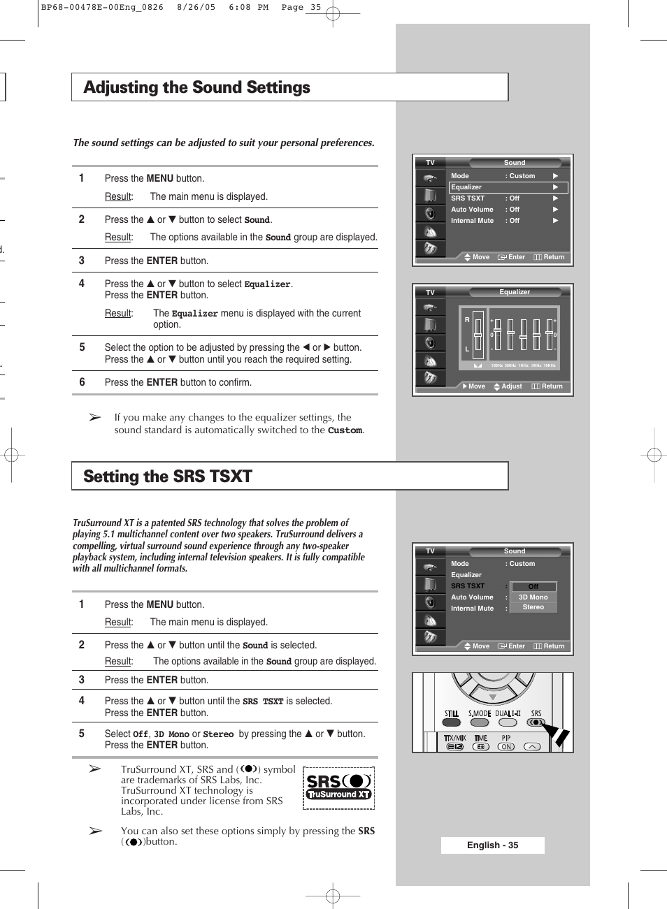 Adjusting the sound settings, Setting the srs tsxt | Samsung DLP TV SP46L6HX User Manual | Page 35 / 64