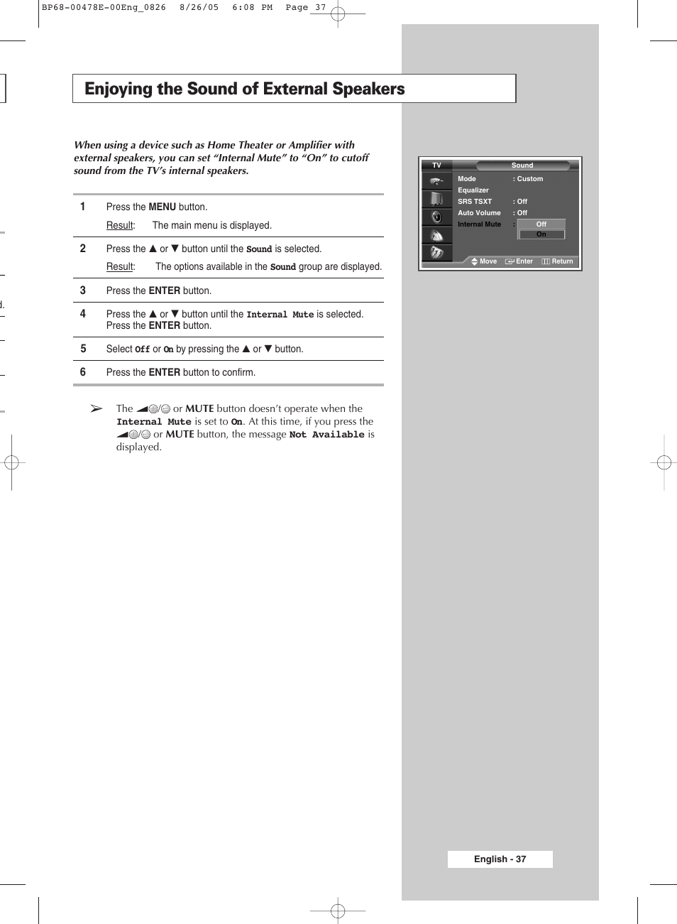 Enjoying the sound of external speakers | Samsung DLP TV SP46L6HX User Manual | Page 37 / 64