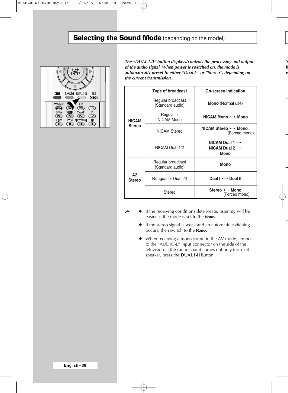 Selecting the sound mode(depending on the model), Selecting the sound mode, Depending on the model) | Samsung DLP TV SP46L6HX User Manual | Page 38 / 64