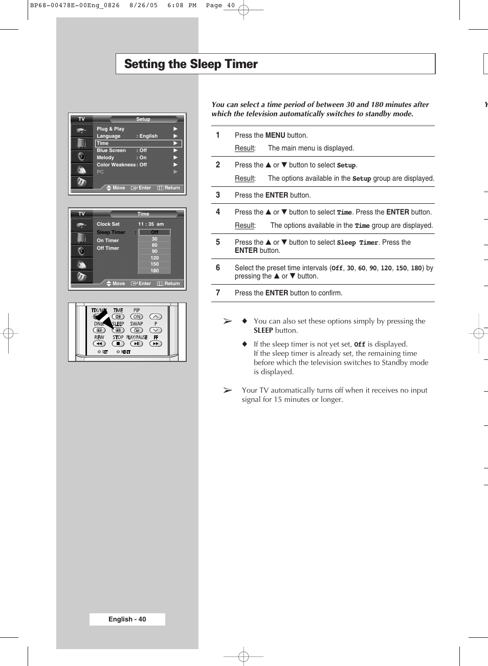 Setting the sleep timer | Samsung DLP TV SP46L6HX User Manual | Page 40 / 64