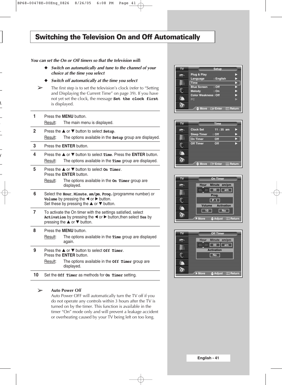 Switching the television on and off automatically | Samsung DLP TV SP46L6HX User Manual | Page 41 / 64