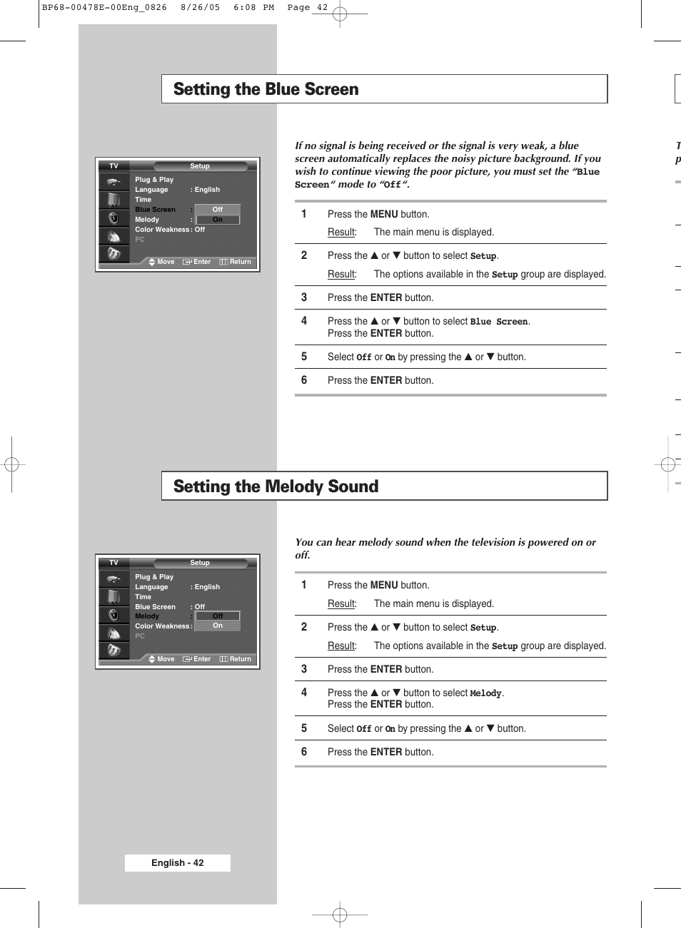 Setting the blue screen, Setting the melody sound | Samsung DLP TV SP46L6HX User Manual | Page 42 / 64