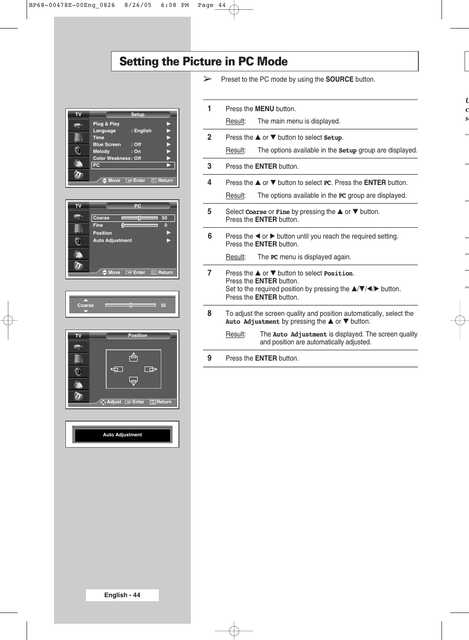 Setting the picture in pc mode | Samsung DLP TV SP46L6HX User Manual | Page 44 / 64