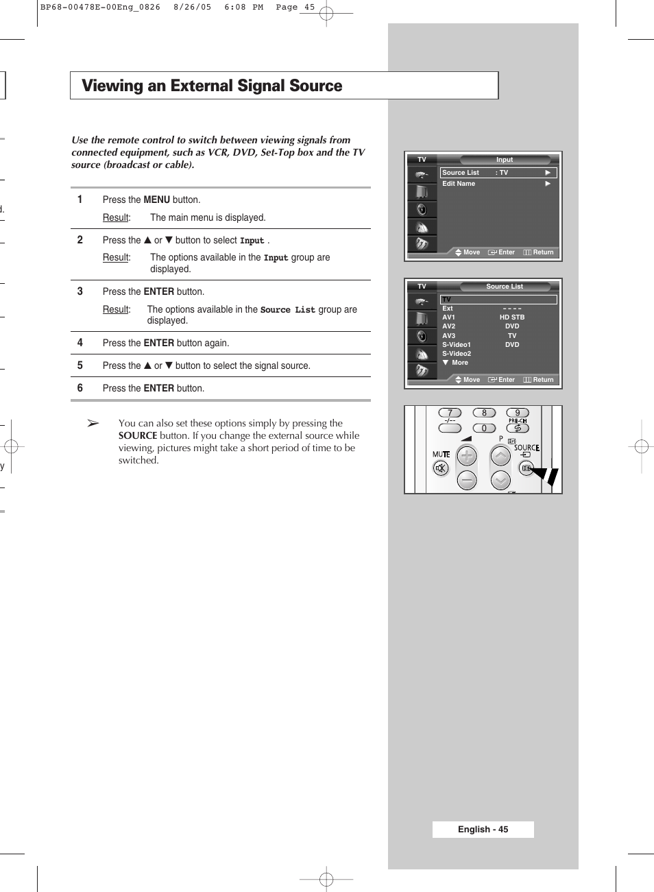 Viewing an external signal source | Samsung DLP TV SP46L6HX User Manual | Page 45 / 64
