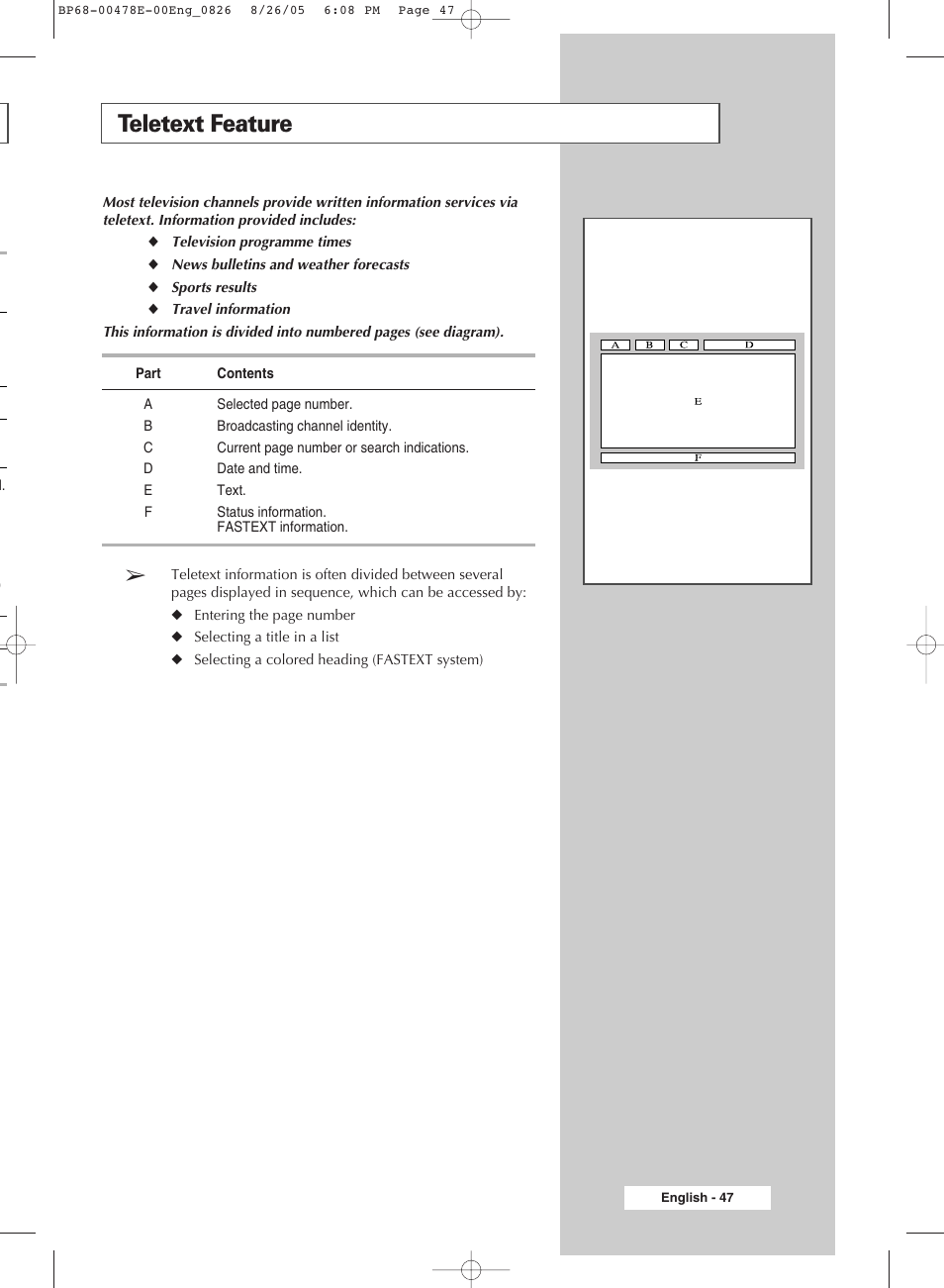 Using the teletext feature, Teletext feature | Samsung DLP TV SP46L6HX User Manual | Page 47 / 64