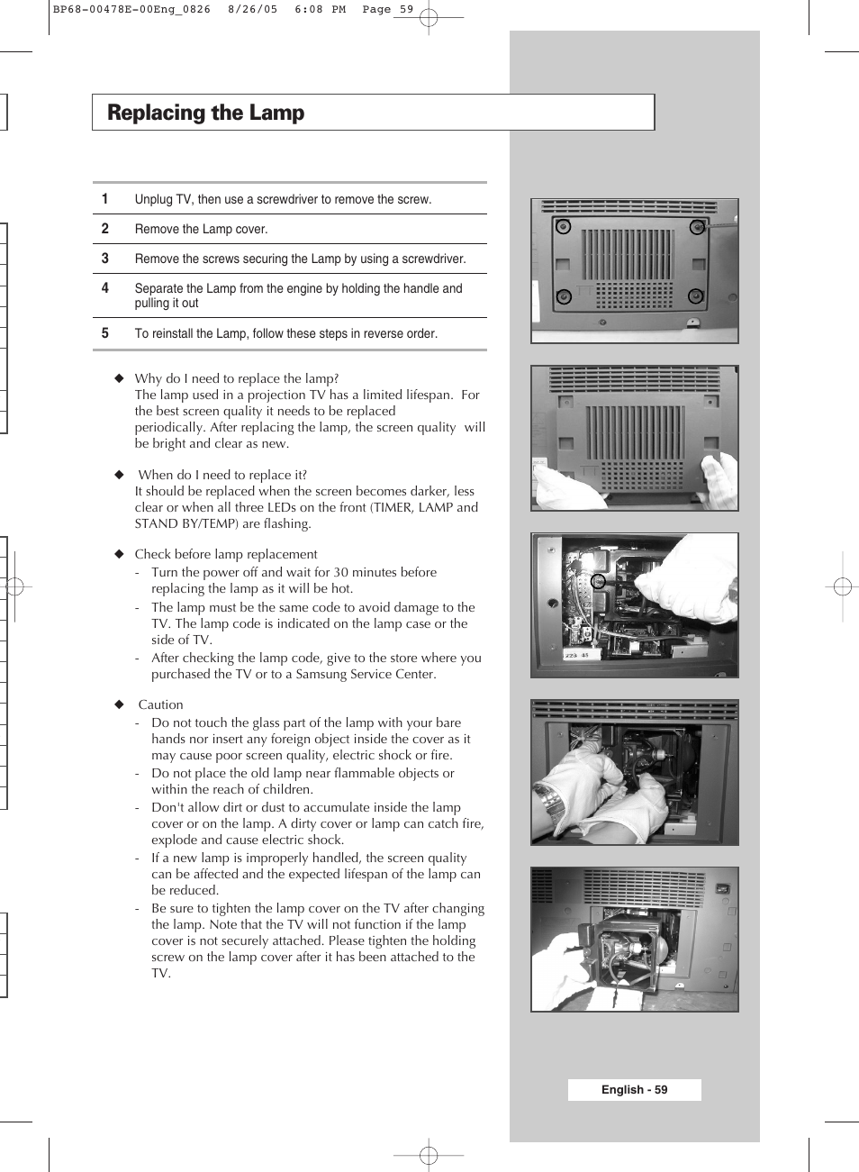 Replacing the lamp | Samsung DLP TV SP46L6HX User Manual | Page 59 / 64