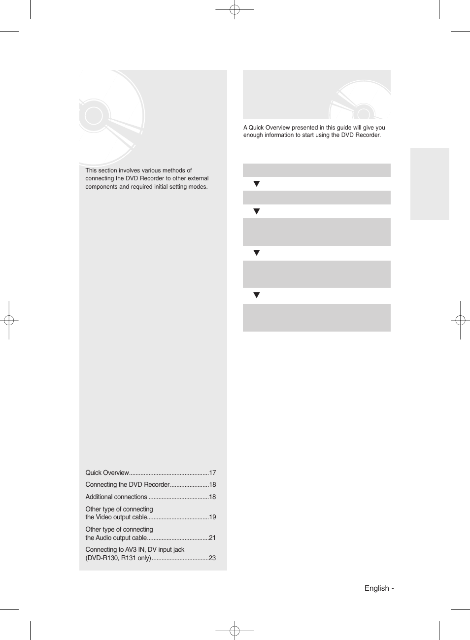 Connecting & setting up, Quick overview, Connecting & s etting up | Samsung DVDR131 User Manual | Page 17 / 93