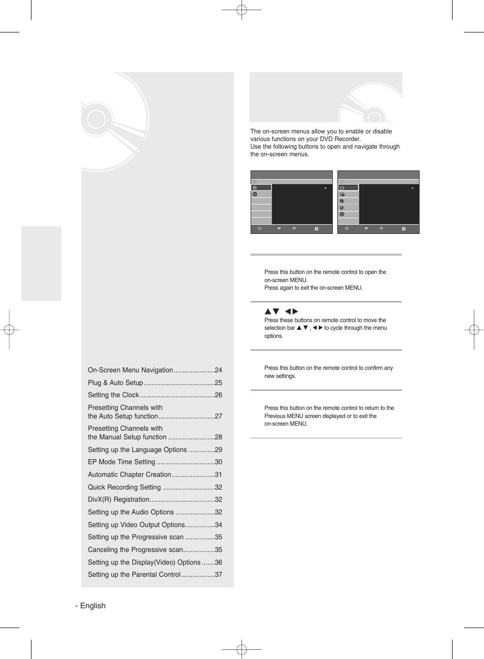 System setup, On-screen menu navigation | Samsung DVDR131 User Manual | Page 24 / 93