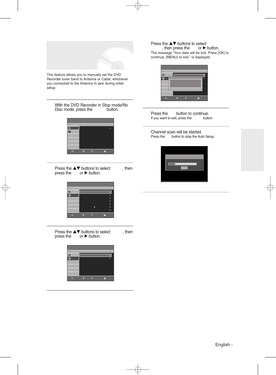 Presetting channels with the auto setup function, English, Press the ok button to continue | Channel scan will be started | Samsung DVDR131 User Manual | Page 27 / 93
