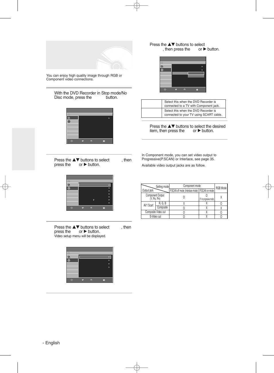 Setting up video output options, Available video output jack, English | System setup | Samsung DVDR131 User Manual | Page 34 / 93